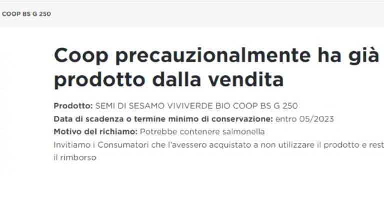 Rischio salmonella: ritirate le confezioni di semi di sesamo bio Vivi Verde Coop di Bagnacavallo Rischio salmonella: ritirate le confezioni di semi di sesamo bio Vivi Verde Coop di Bagnacavallo