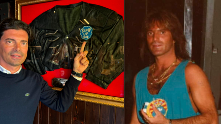 Giuliano Lanzetti mostra una giacca di Zanza. A fianco il playboy simbolo degli anni 70 e 80