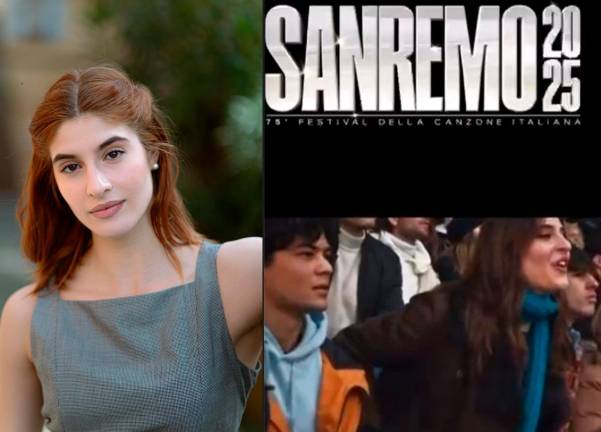 Anita Pezzi in un frame del video di cui è co-protagonista, intonando la canzone del Volo Anita Pezzi in un frame del video di cui è co-protagonista, intonando la canzone del Volo