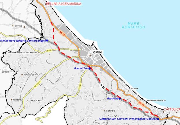 Il percorso della variante Ss 16 tratteggiato in rosso Il percorso della variante Ss 16 tratteggiato in rosso