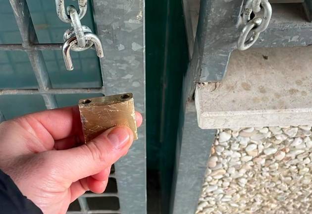 Il lucchetto del cancello tranciato per entrare in campo Il lucchetto del cancello tranciato per entrare in campo