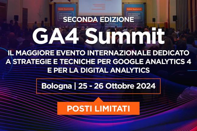 GA4 SUMMIT 2024: al via la seconda edizione del maggiore evento internazionale dedicato a Google Analytics 4 per il marketing e l’advertising GA4 SUMMIT 2024: al via la seconda edizione del maggiore evento internazionale dedicato a Google Analytics 4 per il marketing e l’advertising