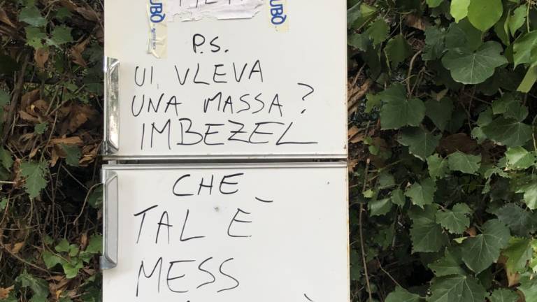 Cesena. Frigo abbandonato sul panoramico Giro dei gessi, spunta una scritta per l'incivile: Imbezel Cesena. Frigo abbandonato sul panoramico Giro dei gessi, spunta una scritta per l'incivile: Imbezel