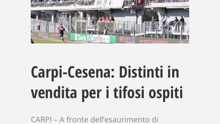 Calcio serie C, il Carpi concede i distinti ai tifosi del Cesena Calcio serie C, il Carpi concede i distinti ai tifosi del Cesena