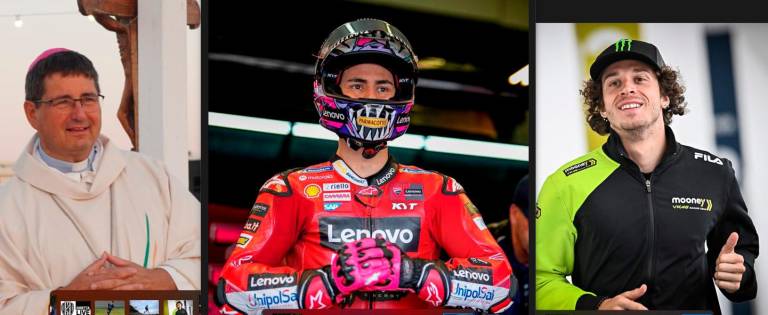 Da sinistra il vescovo Nicolò Anselmi, Enea Bastianini e Marco Bezzecchi Da sinistra il vescovo Nicolò Anselmi, Enea Bastianini e Marco Bezzecchi