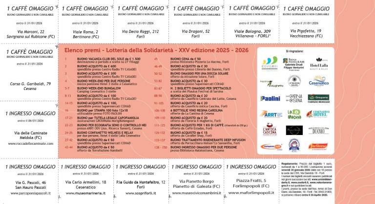Torna la lotteria della solidarietà a Forlì-Cesena: un biglietto vale caffè gratis al bar e ingressi ai musei Torna la lotteria della solidarietà a Forlì-Cesena: un biglietto vale caffè gratis al bar e ingressi ai musei