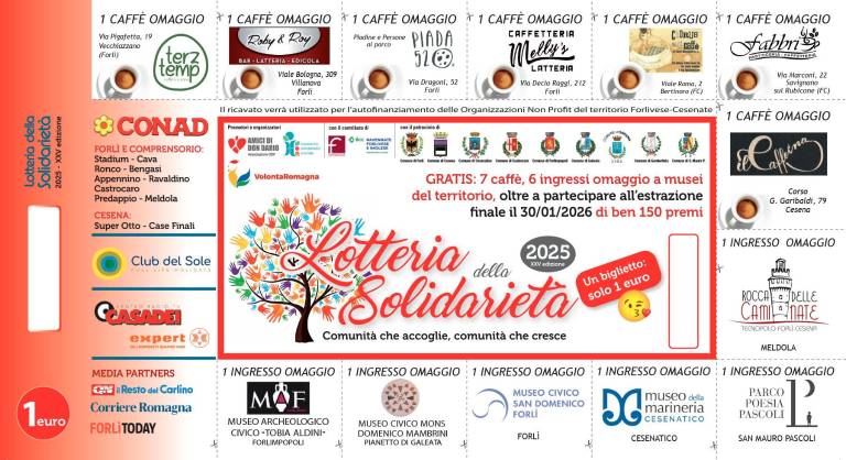 Torna la lotteria della solidarietà a Forlì-Cesena: un biglietto vale caffè gratis al bar e ingressi ai musei Torna la lotteria della solidarietà a Forlì-Cesena: un biglietto vale caffè gratis al bar e ingressi ai musei
