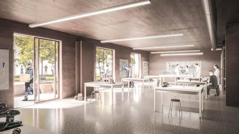 Il rendering del laboratorio al piano terra dell’Olivetti-Callegari Il rendering del laboratorio al piano terra dell’Olivetti-Callegari