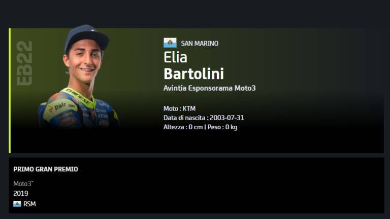 Elia Bartolini da Sarsina promette grandi cose, anche se il sito della MotoGp lo fa nascere a San Marino Elia Bartolini da Sarsina promette grandi cose, anche se il sito della MotoGp lo fa nascere a San Marino