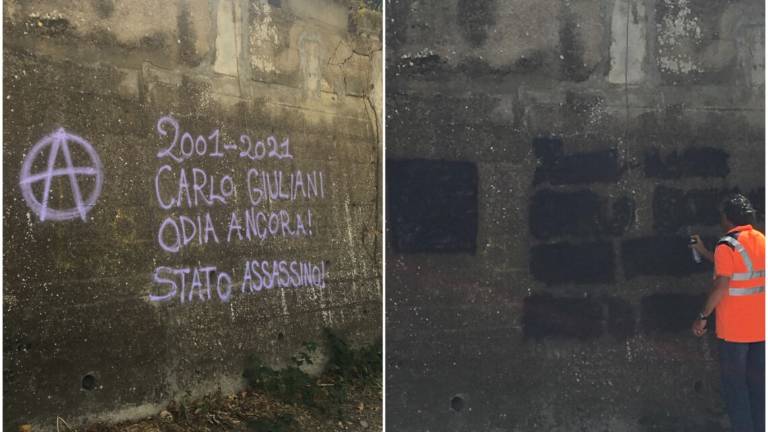 Forlì, cancellato un imbrattamento in via Ponte Rabbi Forlì, cancellato un imbrattamento in via Ponte Rabbi