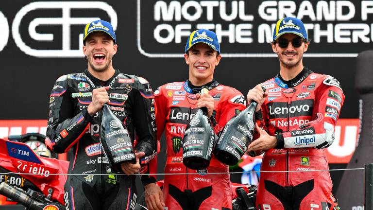 Da sinistra Marco Bezzecchi, Marc Marquez e Francesco Bagnaia Da sinistra Marco Bezzecchi, Marc Marquez e Francesco Bagnaia