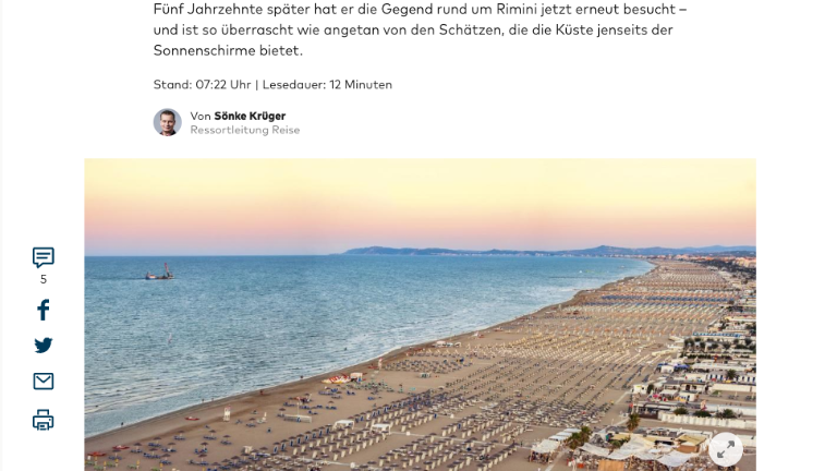 Rimini e la Riviera Romagnola sul quotidiano tedesco “Welt am Sonntag” Rimini e la Riviera Romagnola sul quotidiano tedesco “Welt am Sonntag”
