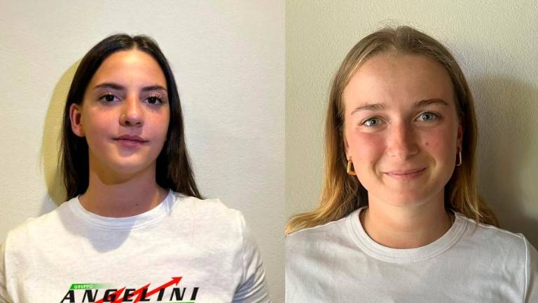 Da sinistra Sofia Cangini e Camilla Ioli, rispettivamente schiacciatrice e libero dell’Elettromeccanica Angelini Cesena 2025/26 Da sinistra Sofia Cangini e Camilla Ioli, rispettivamente schiacciatrice e libero dell’Elettromeccanica Angelini Cesena 2025/26