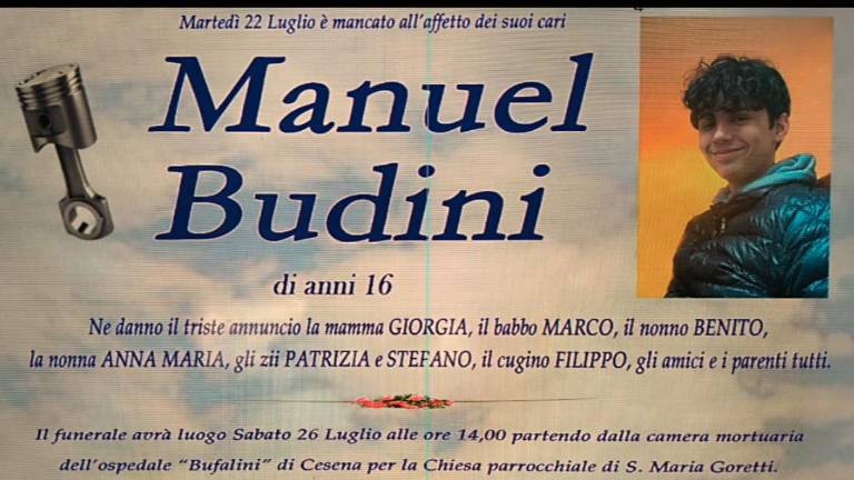 Il manifesto funebre che annuncia la morte del 16enne Manuel Budini Il manifesto funebre che annuncia la morte del 16enne Manuel Budini