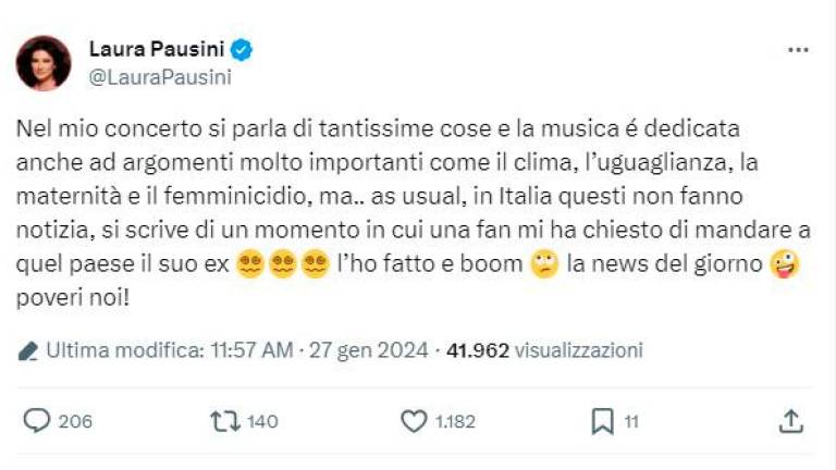 Laura Pausini: “Ai miei concerti parlo di uguaglianza e femminicidi, poi fa notizia se scherzo sull’ex di una fan” VIDEO Laura Pausini: “Ai miei concerti parlo di uguaglianza e femminicidi, poi fa notizia se scherzo sull’ex di una fan” VIDEO
