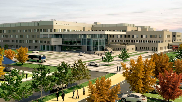 Vista dall’esterno del futuro ospedale in una simulazione grafica Vista dall’esterno del futuro ospedale in una simulazione grafica