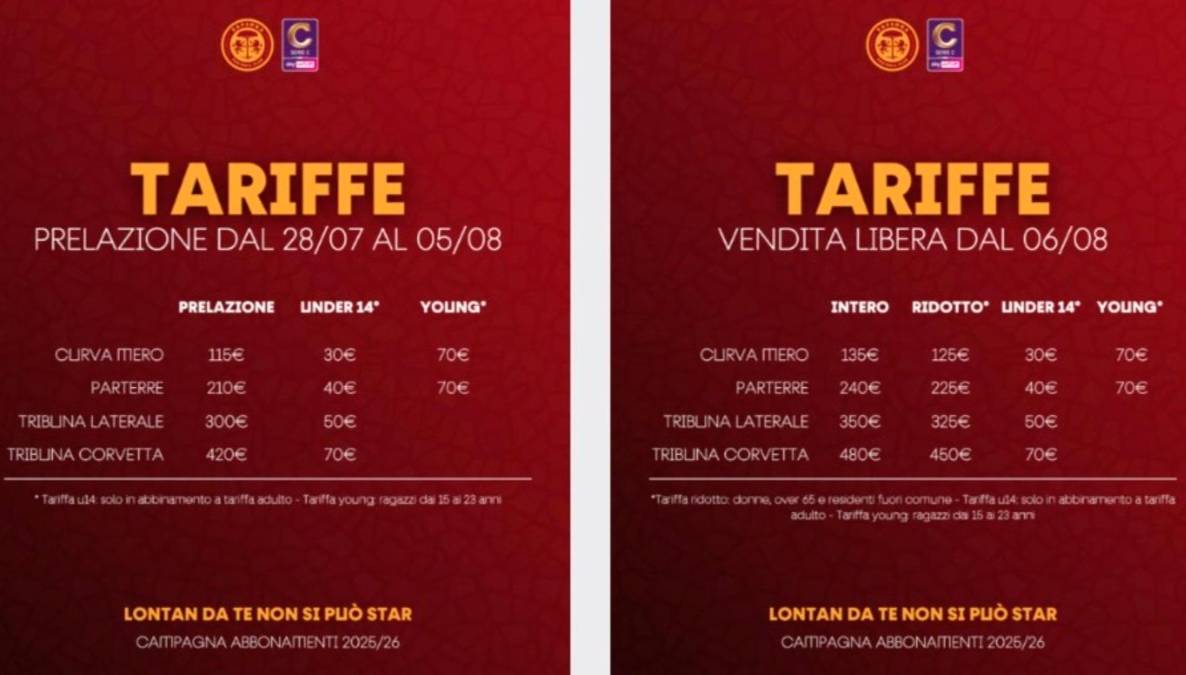 I prezzi della stagione 2025-2026