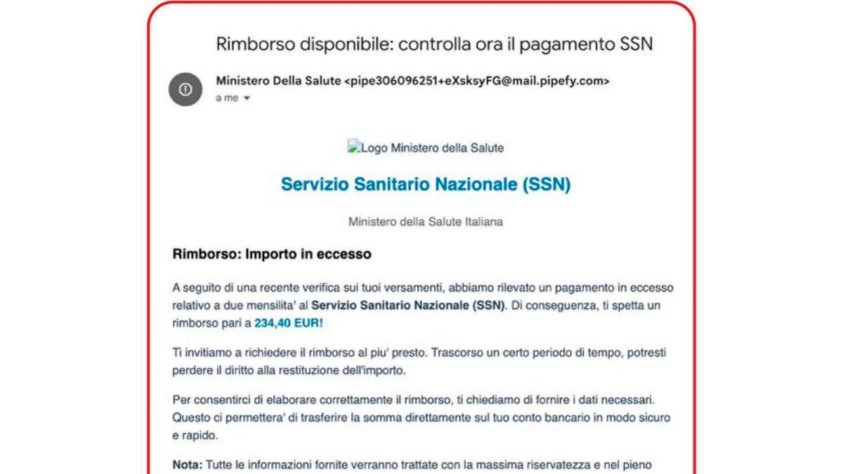 Il Ministero della Salute: «Attenti alla truffa sui rimborsi! Non cliccate sui link»