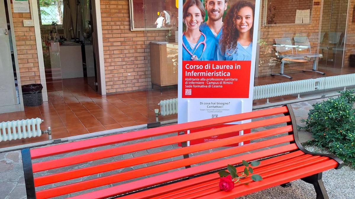 Cesena, una panchina contro la violenza sulle donne davanti alla sede di Infermieristica