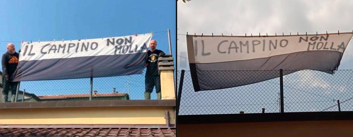 A sinistra lo striscione esposto un anno fa, a destra la sua ricomparsa di oggi