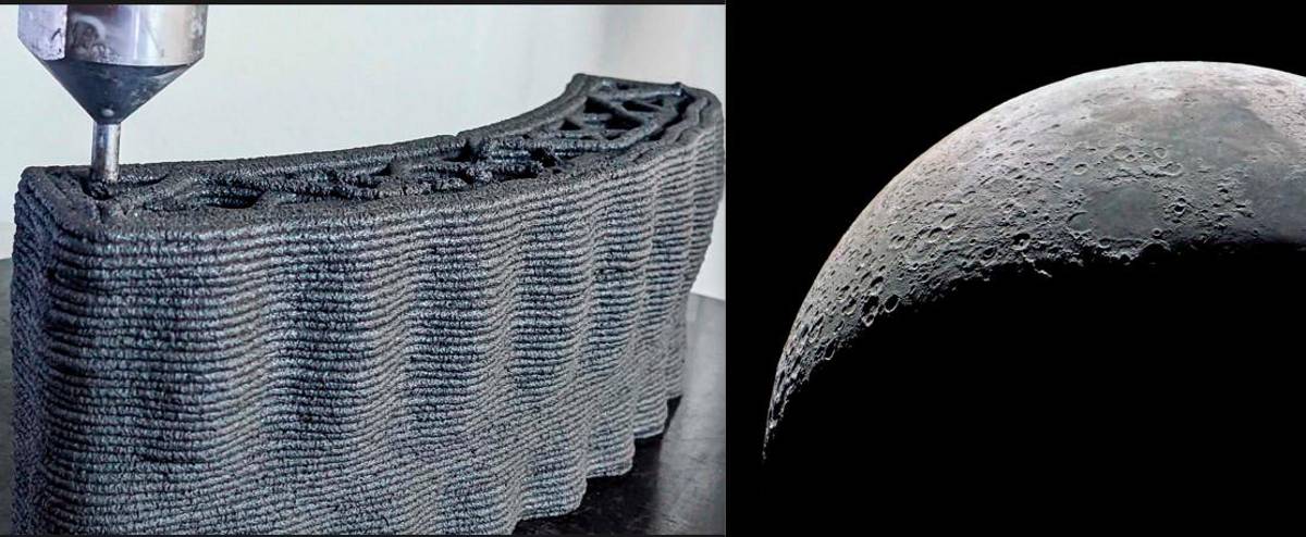 Uno dei materiali prodotti dalla Wasp e un’immagine della superficie lunare