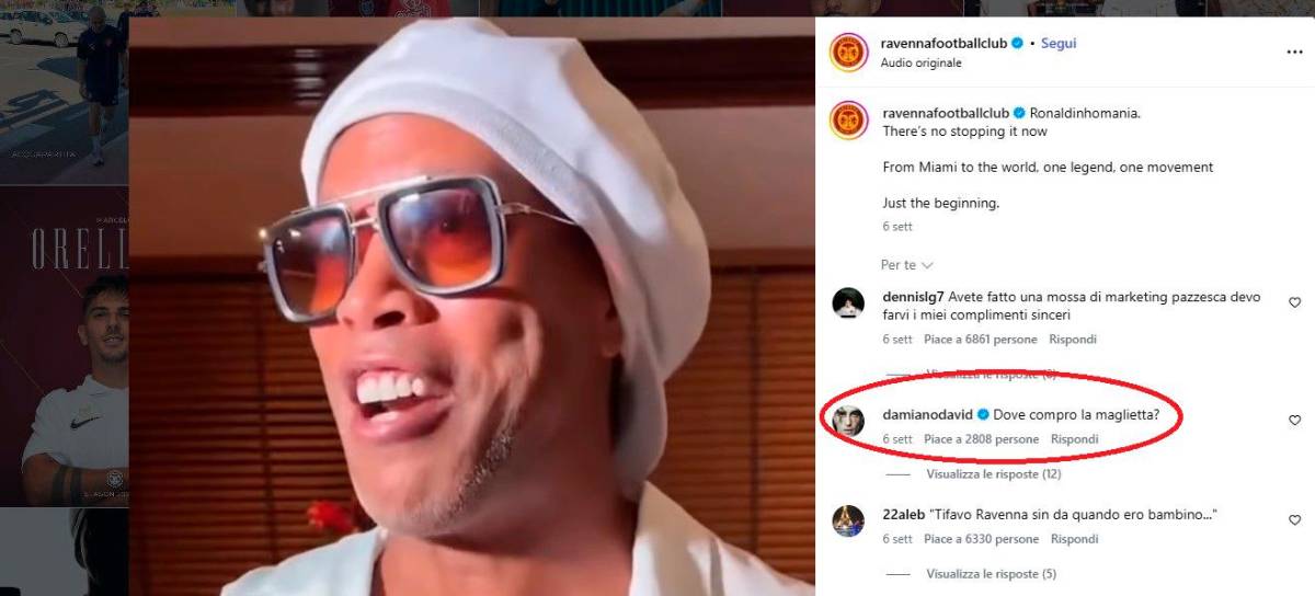 Il commento di Damiano David al post del Ravenna sui canali social giallorossi
