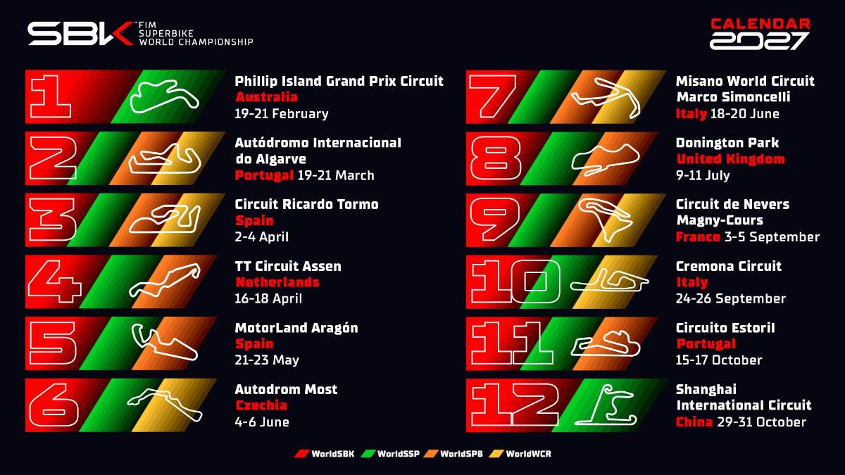 Superbike, il calendario del Mondiale 2027: la tappa di Misano dal 18 al 20 giugno