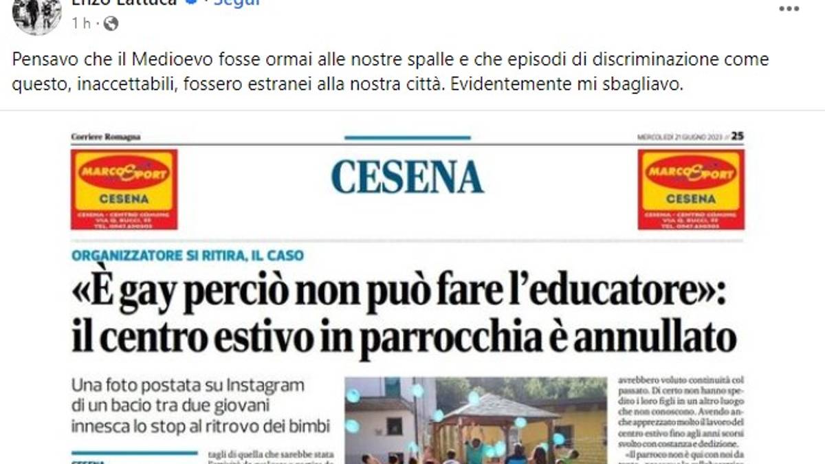 Cesena, l'educatore gay emarginato dalla parrocchia, il sindaco: Pensavo che il medioevo fosse alle spalle