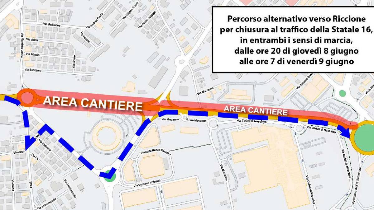 Rimini.Calvario sulla ss16: chiusa per 2 notti, 40 giorni ristretta
