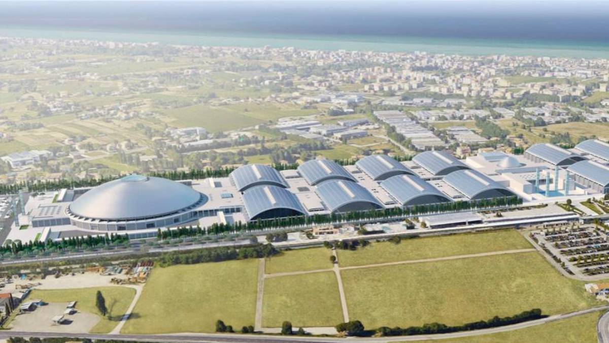 Il quartiere fieristico come appare in un rendering che aggiunge anche la nuova cupola (a sinistra, lato nord)