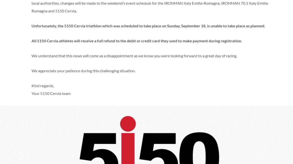 Triathlon, gli organizzatori dell'Ironman di Cervia hanno cancellato per maltempo il 5150: saranno rimborsate le spese di iscrizione