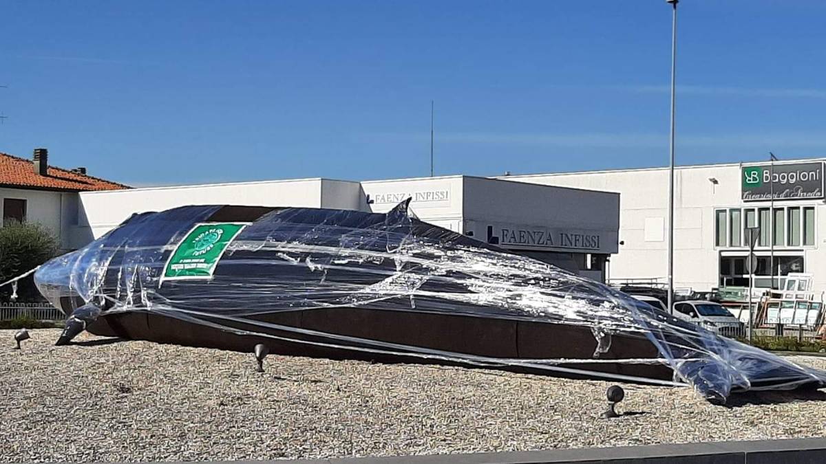 Fridays for future a Faenza, impacchettata la balena della rotonda