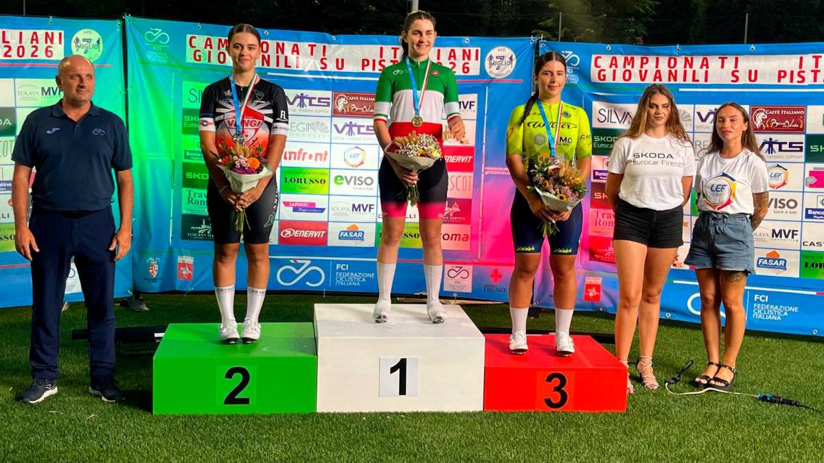 A sinistra il podio dell’Omnium Allievi con Niccolò Astara, a destra quello Allieve con Teodora Castelli
