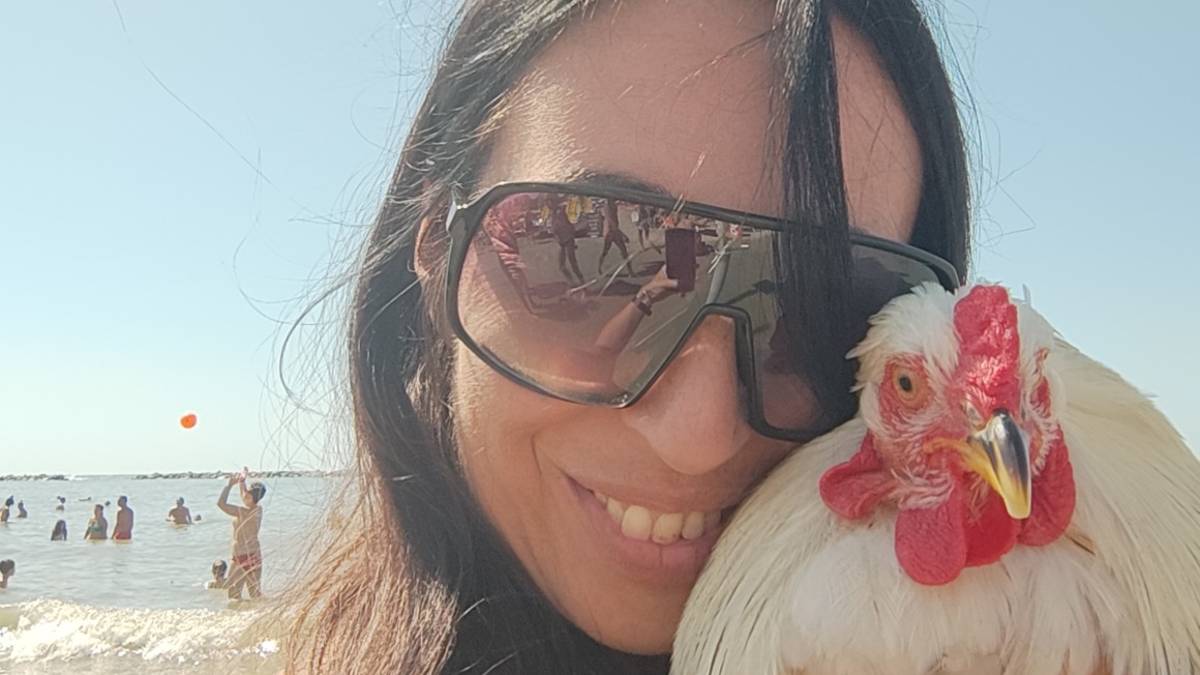 Cesenatico, in spiaggia con il mio Micky, il pollo che mangia piadina all'olio con la rucola