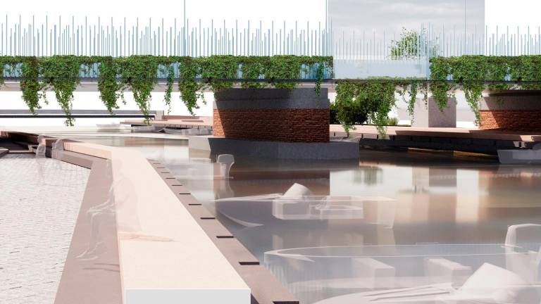 Il progetto del Boulevard Blu (sopra) e i lavori in piazza Marvelli