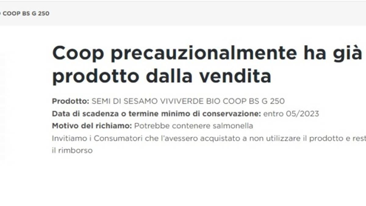 Rischio salmonella: ritirate le confezioni di semi di sesamo bio Vivi Verde Coop di Bagnacavallo
