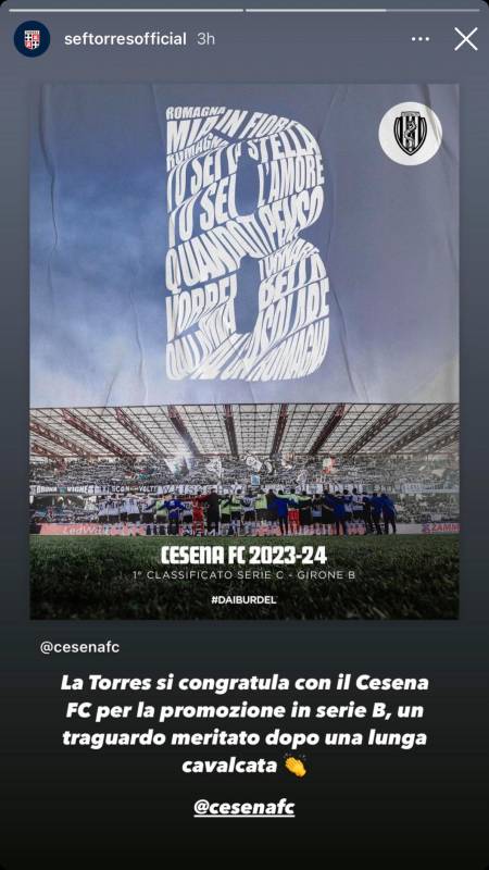 Lo stile della Torres sui social: “Complimenti al Cesena”