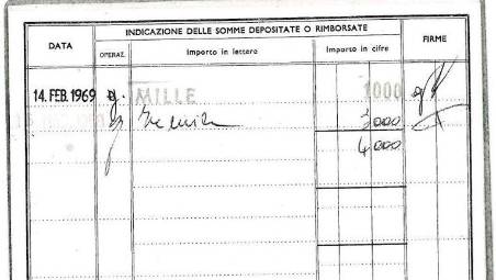 Il versamento fatto sul libretto nel 1969