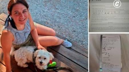 Eleonora Berretti con il cane e i documenti relativi alla sua vicenda (Foto tratta dal Corriere della Sera)