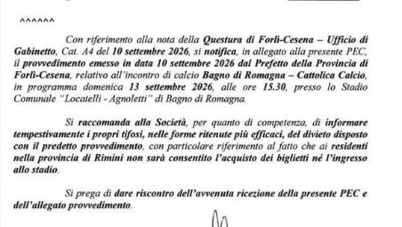 1a Categoria Girone H, Decisione clamorosa: Bagno di Romagna-Cattolica vietata a chi risiede in provincia di Rimini