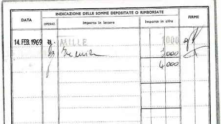 Il libretto con il versamento effettuato nel 1969