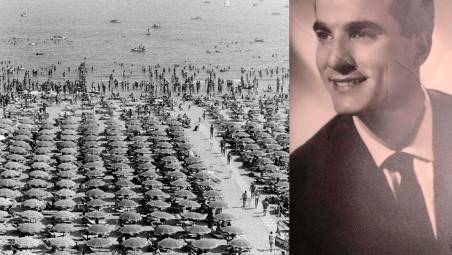 Da sinistra, la spiaggia di Rimini in una foto degli anni Sessanta e l’immagine di Paolo, nel fiore della giovinezza, che da Napoli avrebbe lasciato la Romagna per lavorare in Germania