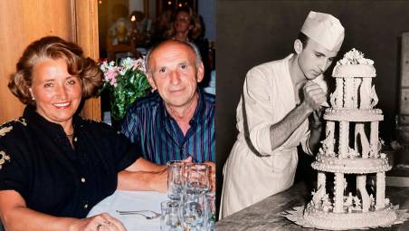 Miro Mancini con la moglie Argentina, sempre al suo fianco dal 1963. A destra al lavoro all’età di 21 anni