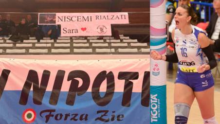 Lo striscione di sostegno dei tifosi della Omag-Mt San Giovanni in Marignano, a destra Sara Caruso