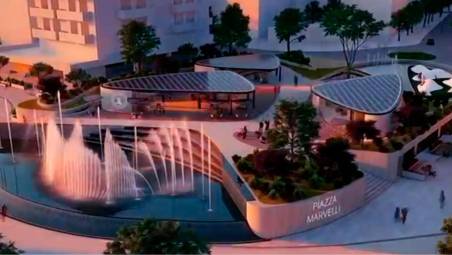 Il progetto della nuova piazza Marvelli e, a destra, l’assessore ai Lavori pubblici Mattia Morolli