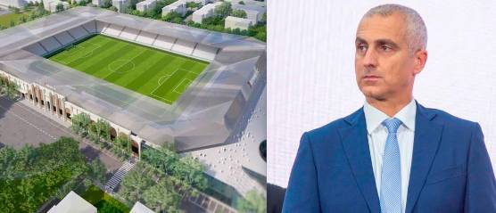 Un render del nuovo stadio di Rimini e il sindaco Sadegholvaad
