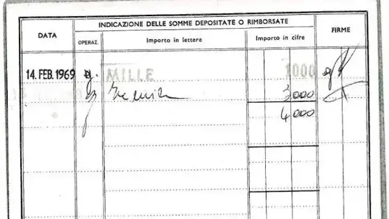 Il libretto con il versamento effettuato nel 1969