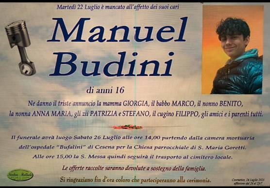 Il manifesto funebre che annuncia la morte del 16enne Manuel Budini