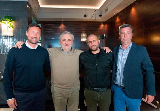 Filippo Lualdi, Nelson Nicolini, Luca Piccirilli, Fabio Ceschi, presidenti di Accademia Riminicalcio, Young Santarcangelo, Dea Rimini e River Delfini riuniti ieri per la presentazione (Morosetti)