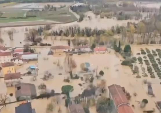 Una veduta area della zona interessata dall’alluvione in Friuli-Venezia Giulia